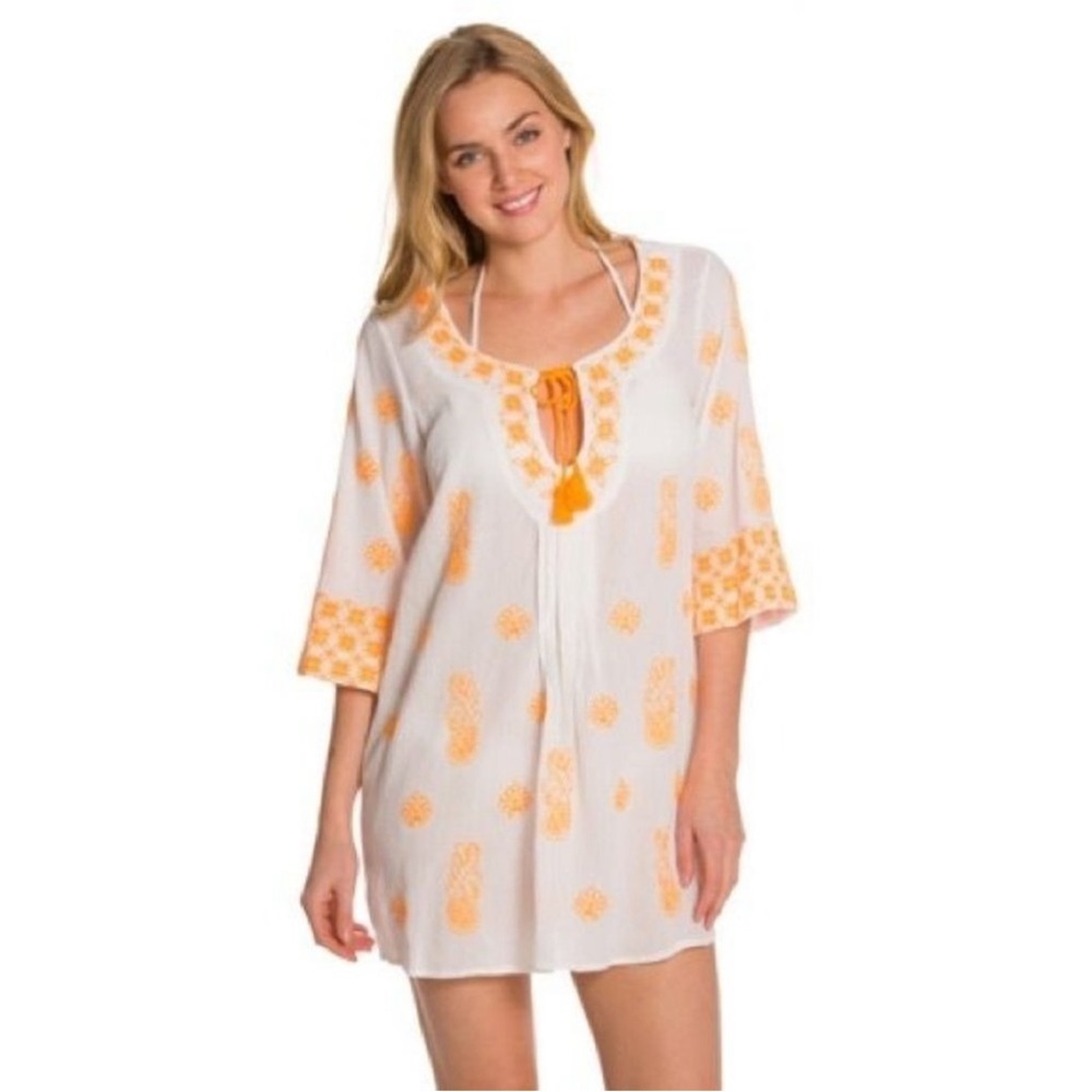 Trina Turk Playa Del Rey Tunic Top Swim Bell Sleeve Cover Up White
Orange Small